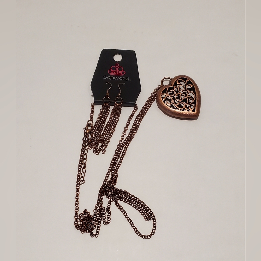 Paparazzi Bronze Long Heart Necklace and Earring Set